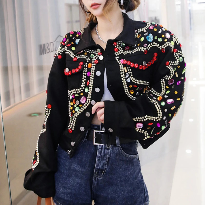 Diamonds Beaded Denim Jacket Rhinestones Sequins Jeans Coat Autumn Short Crystal Rivets Cardigan Chaqueta Streetwear Tops 250804