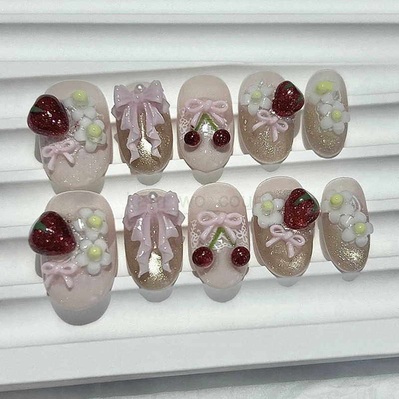 10 Pieces Summer Cute Sweet Style Handmade Press On Nails 3D Bow Cherry Strawberry Cat Eye Fake Nails Removable Reusable M250807