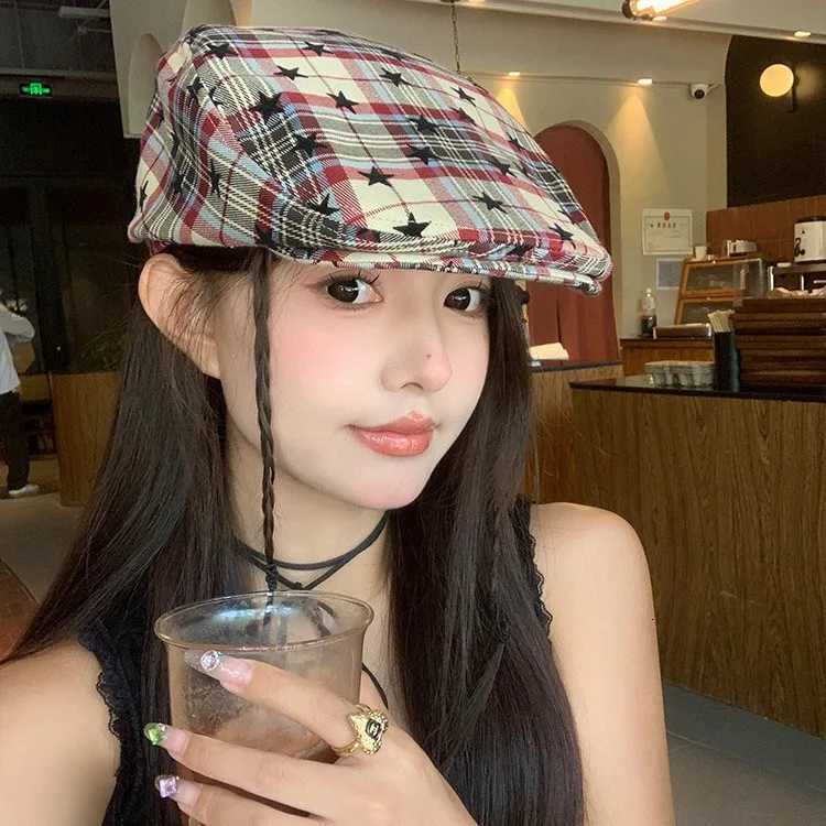 Womens Cute Hat Sweet Cool Style Japanese Star Heckered Childrens Retro Y2K Beret Versatile Artists Hat Trend N Ladies C XJ250807