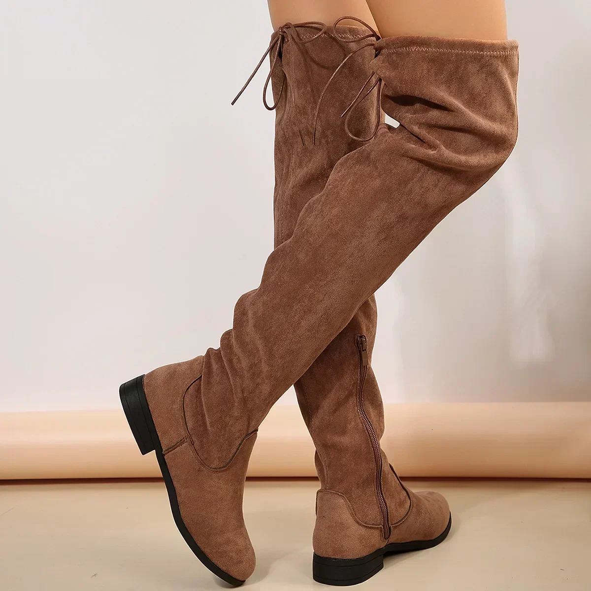 Faux Suede Female Thigh Gigh Boots Women Autumn Zipper Elastic Knee-high Boots Woman Tube Lace-up Botas Mujer Size 43 250805