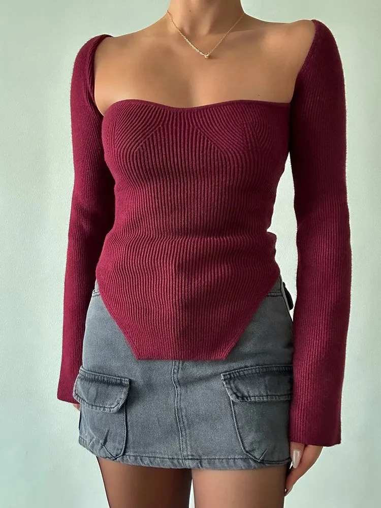 VGH Fashion Minimalist Solid Knitting Sweaters For Women Square Collar Long Sleeve Slimming Pullover Sweater Female Clothing 250804