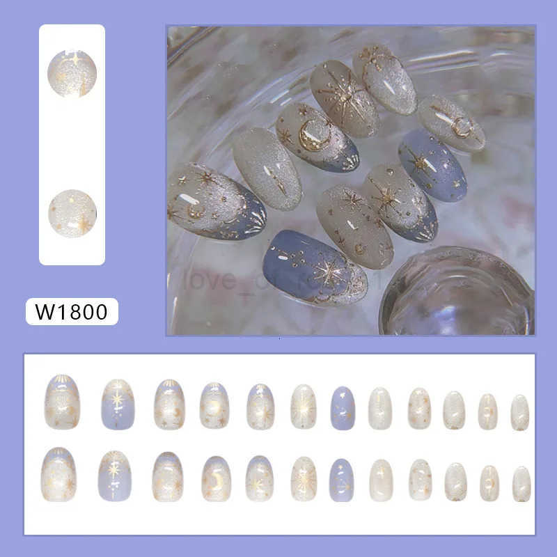 24pcs Romantic Y2k Star Press On Nails Gradient Blue French Style Gold Moon Designs Fake Nails Sweet Almond False Nails For Women Z250806