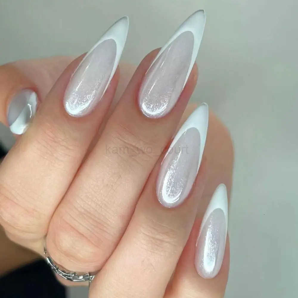 24pcs Long Stiletto French Fake Nails White Edge Simple Aurora False Nails Full Cover Press-on Nails DIY Detachable Manicure M250807
