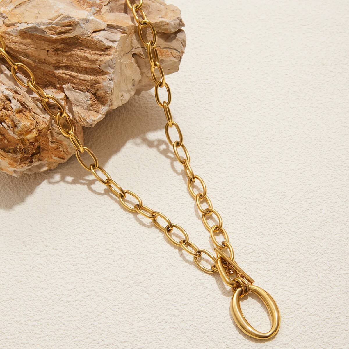 Uworld Minimalist Gold Color Plated Stainless Steel Coarse Cross Chain OT Buckle Oval Pendant Necklace Women's Jewe Jewelry for Women