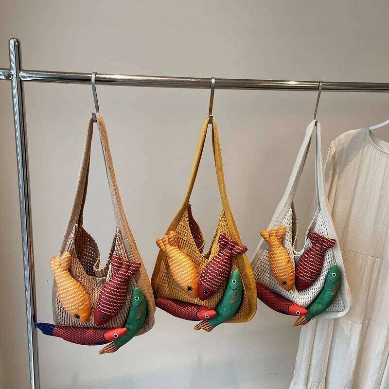 Lucky Fish Decor Shoulder Tote Bags For Women Woolen Knitted Large Capacity Shopper Totes Koi Design Casual Street Handbags 2025