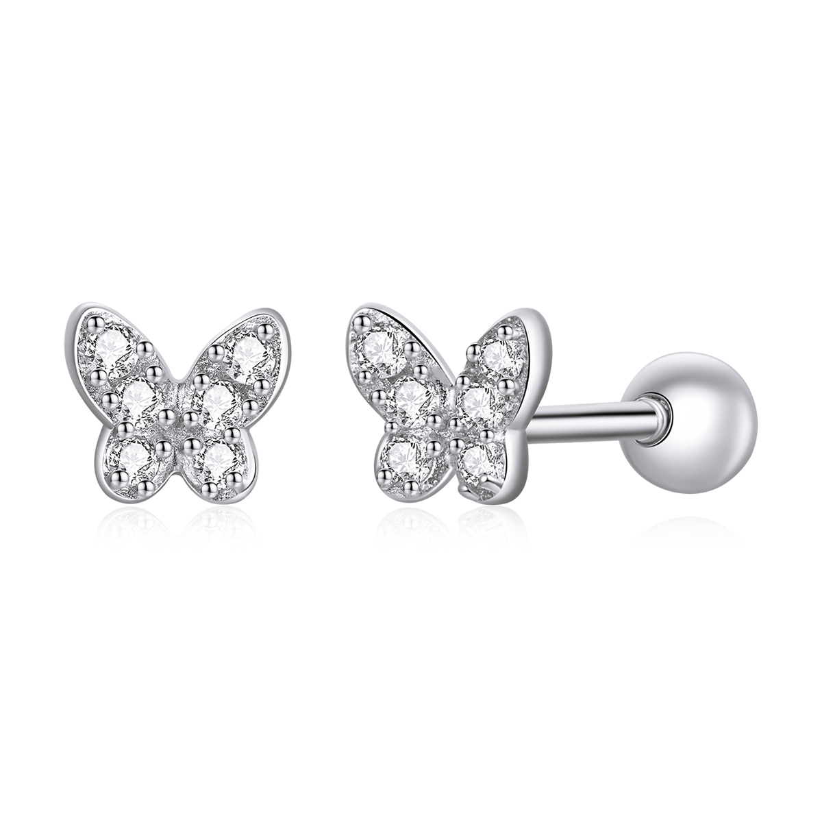 BAMOER 925 Sterling Silver Cute Butterfly Stud Earrings, Handmade 5mm Dainty CZ Platinum Plated Hypoallergenic Earrings SCE1116