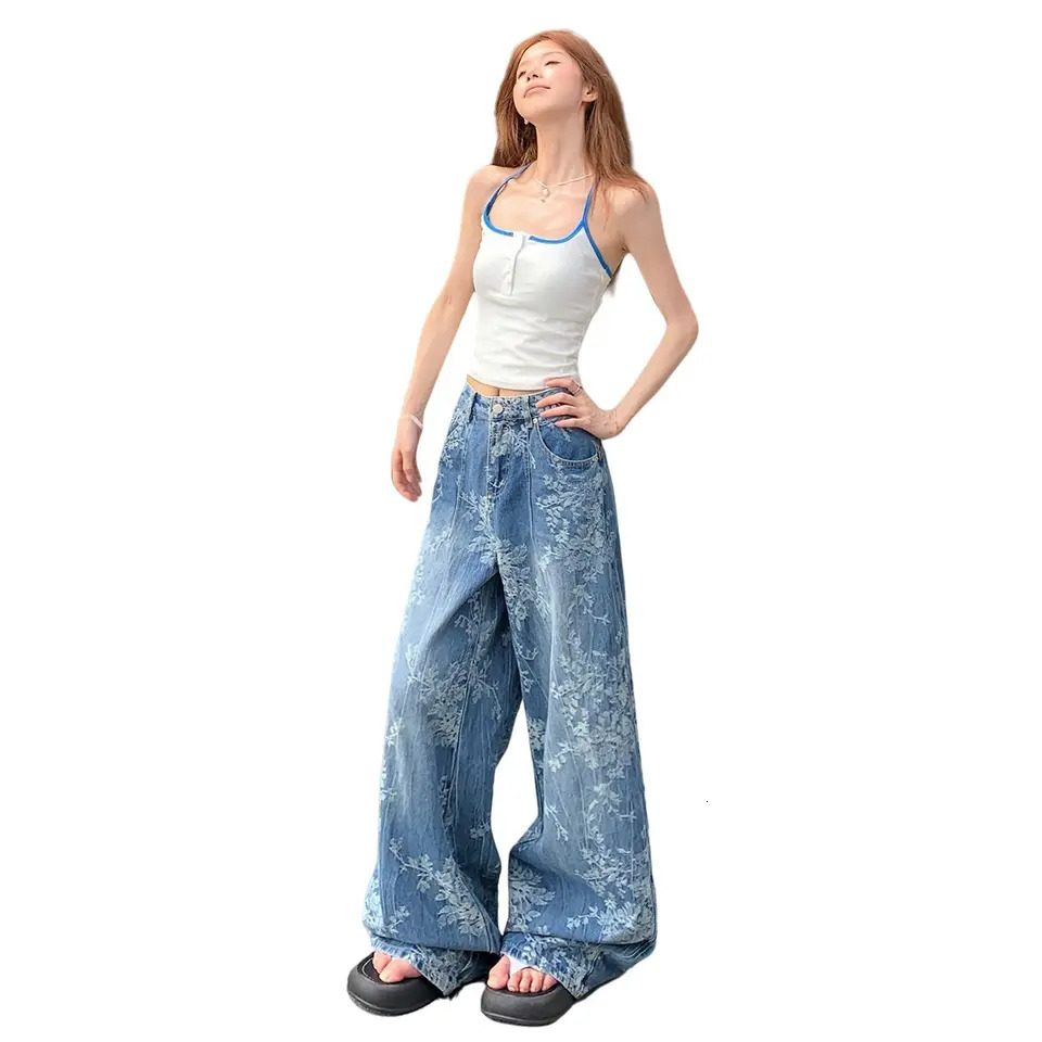 Womens Fashion Straight Jacquard Casual Denim Pants Arrival Female Wideleg Jeans Trendy Trousers 250807