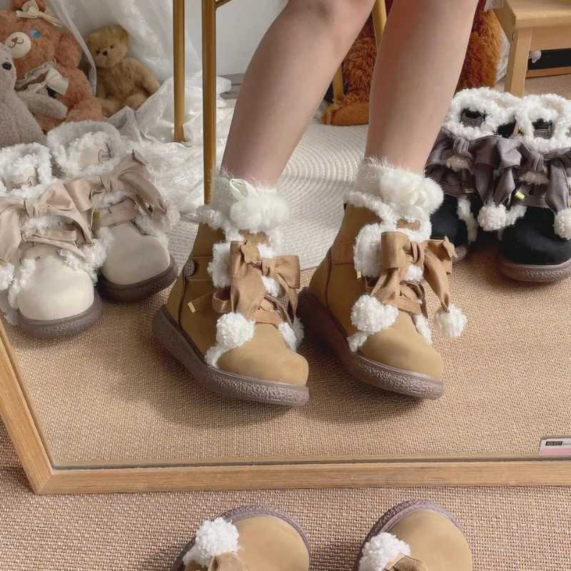 Trendy Mid-term Plush Boots 2024 Winter Plush New Cute Flat Bottomed Round Bow Casual Womens Snow Boots Womens Shoes Sneakers XJ250807