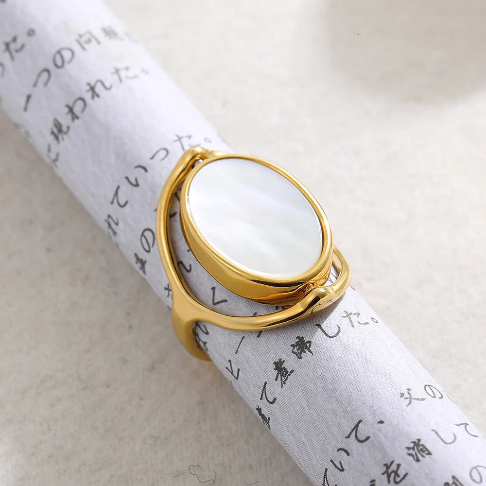 Double Sided White Shell and Abalone Shell Oval Rings for Women Creative Rotating Ring Elegant Jewelry 250730