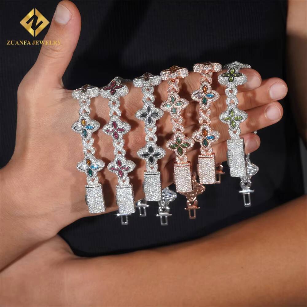 2025 Designer necklace 13mm High Quality Multi Color Marquise Diamond 925 Silver Jewelry Iced Out VVS Moissanite Lucky Four Leaf Clover Cuban Bracelet