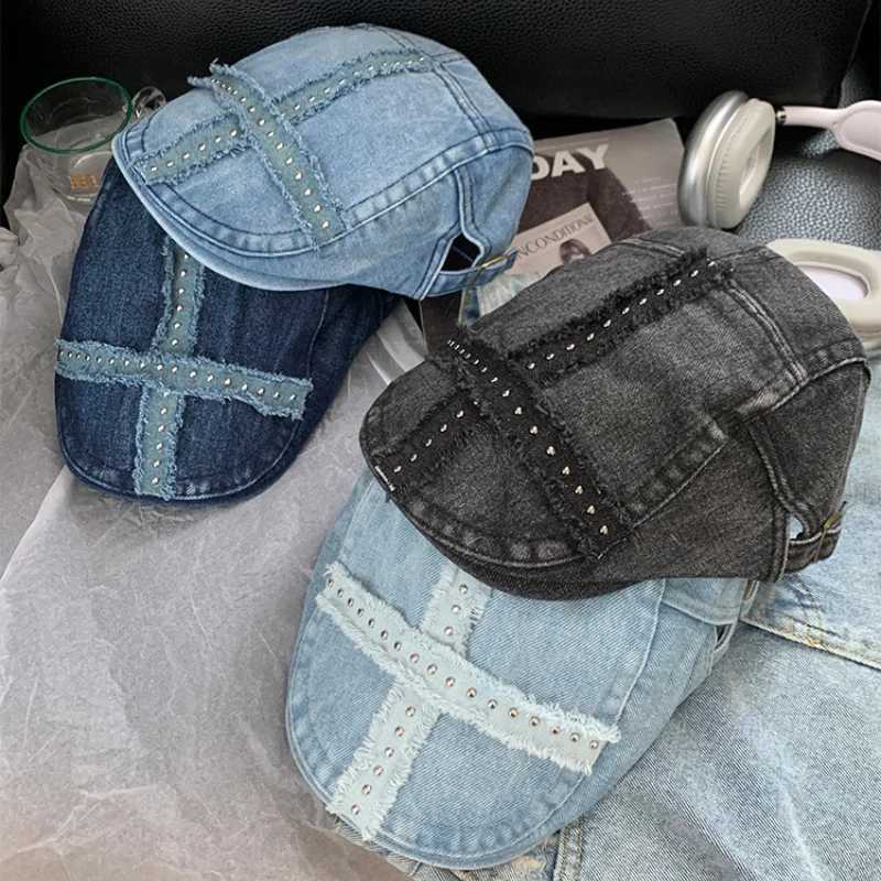 American Rivet Design Black Forward Hats for Women and Men Summer Casual Versatile Street Trend Retro Washed Denim Berets Y2k XJ250807