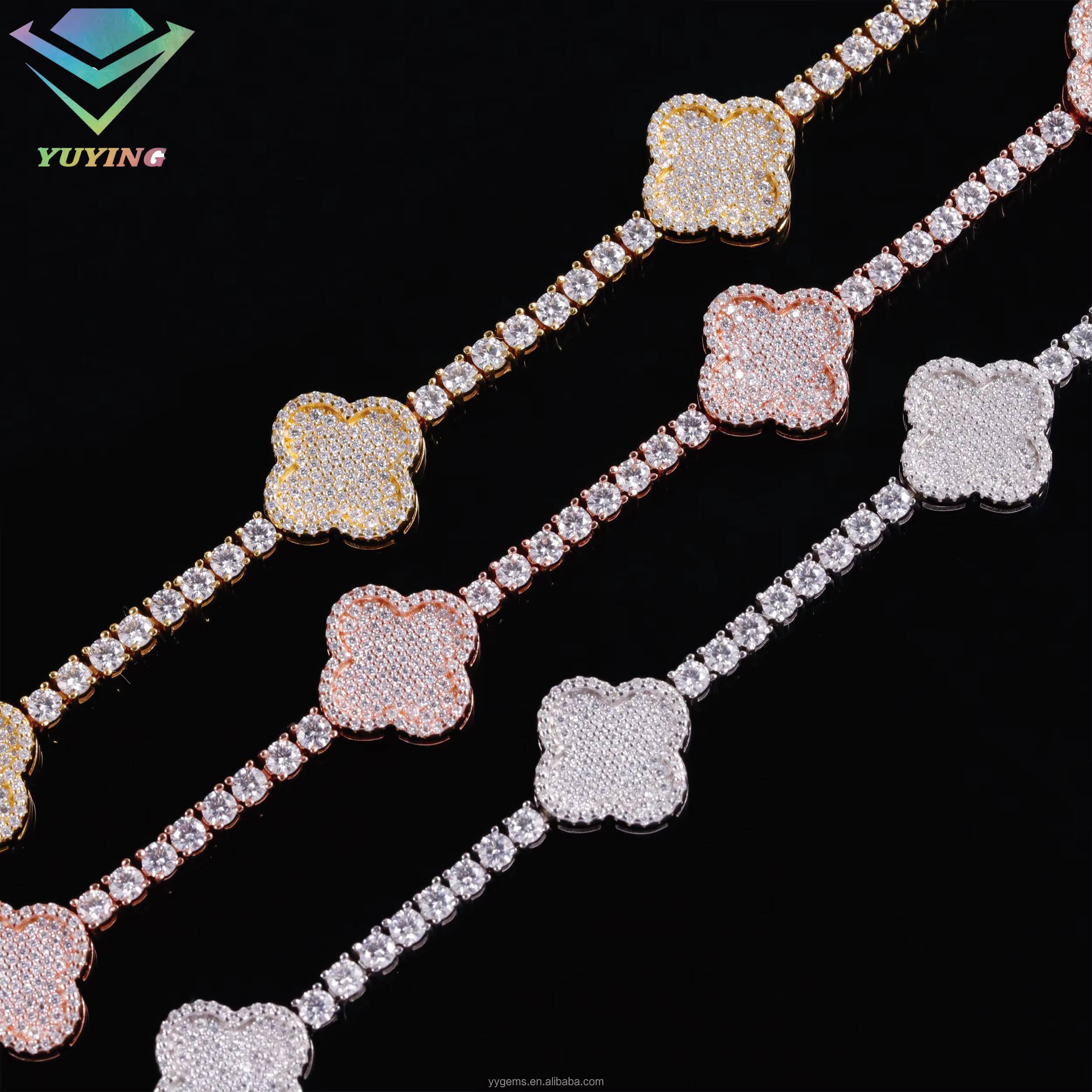 Fashion Four Leaf Gold Plated S925 Silver Mossanite Tennis Link Bracelet Clover Charms Tennis Chain Jewelry Bracelet