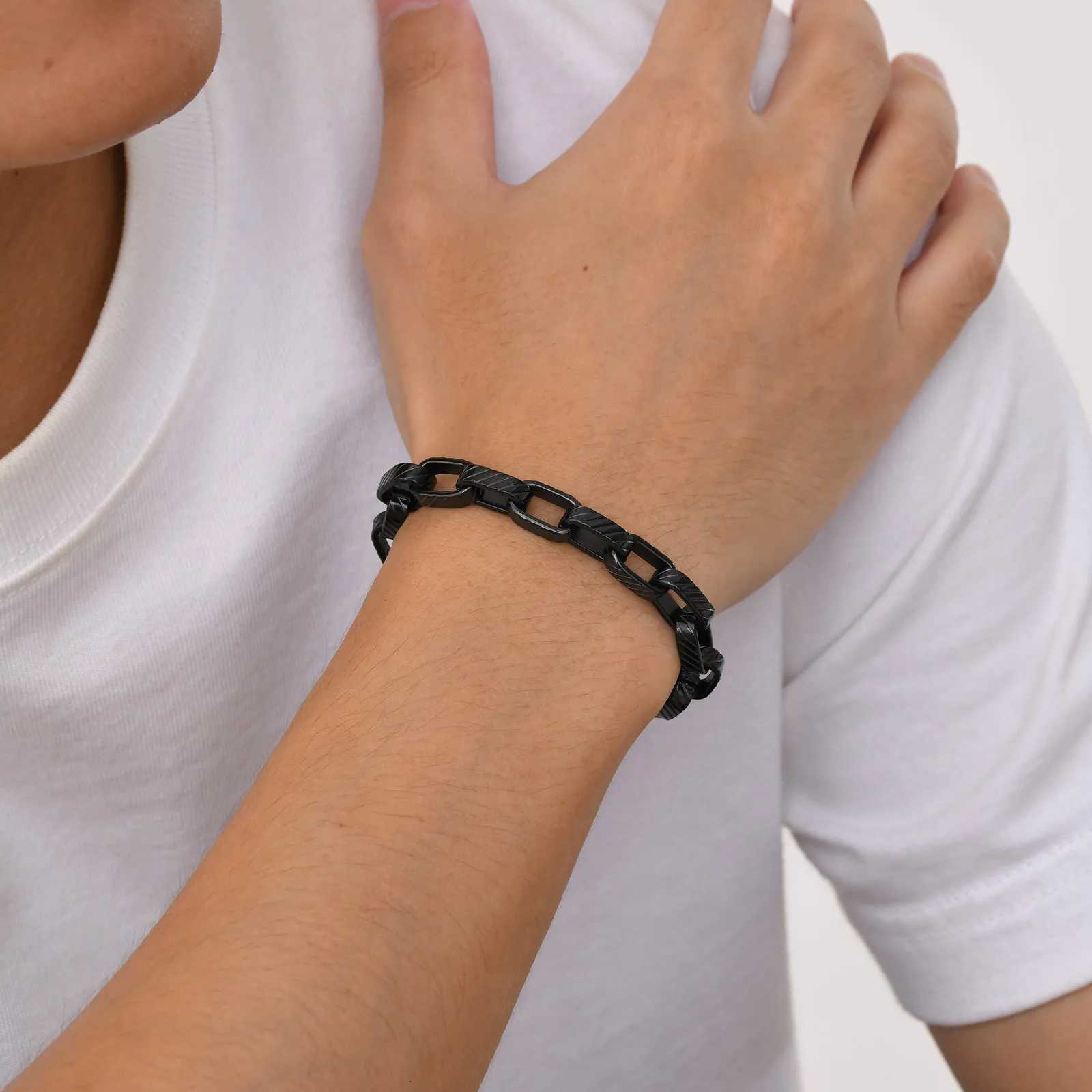 Stainless Steel Rectangular Chain Bracelet for Men Boys Chunky Black Chain Link Bracelet Hip Hop Rock Punk Jewelry W250807