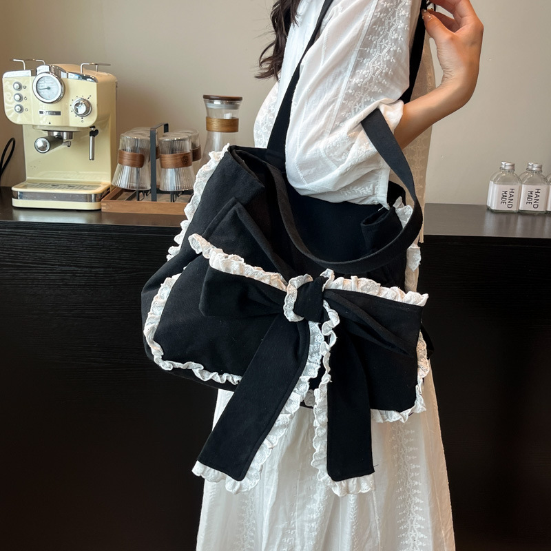 Free shipping designer Trendy Loose Canvas Tote Bag for Women Korean Style Large Capacity Lace Trim Bow Shoulder Bag Underarm Bag