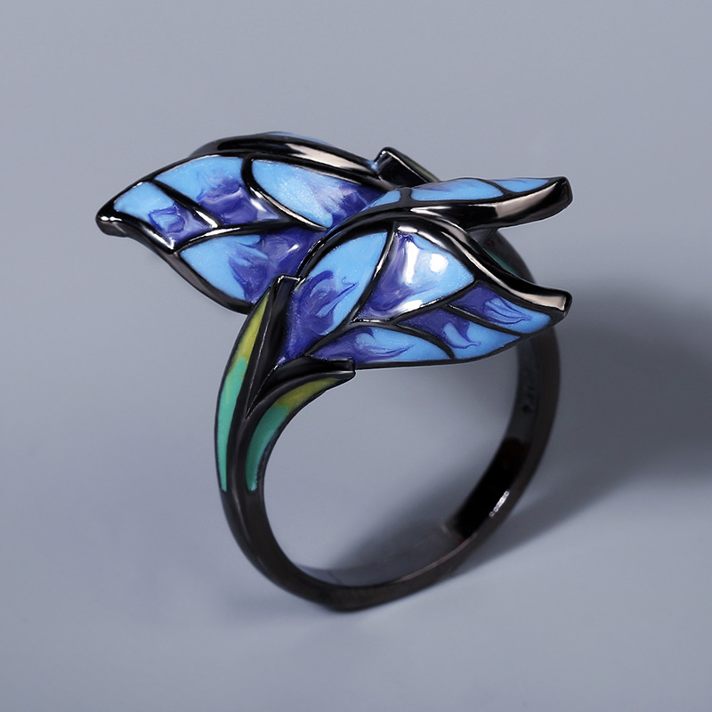 Black Tone Enamel Butterfly Wing Wing Ring With Blue And Green Color Accents Artistic And Fantasy Outfit Accessory Gift For Her Unique And Vibrant Jew
