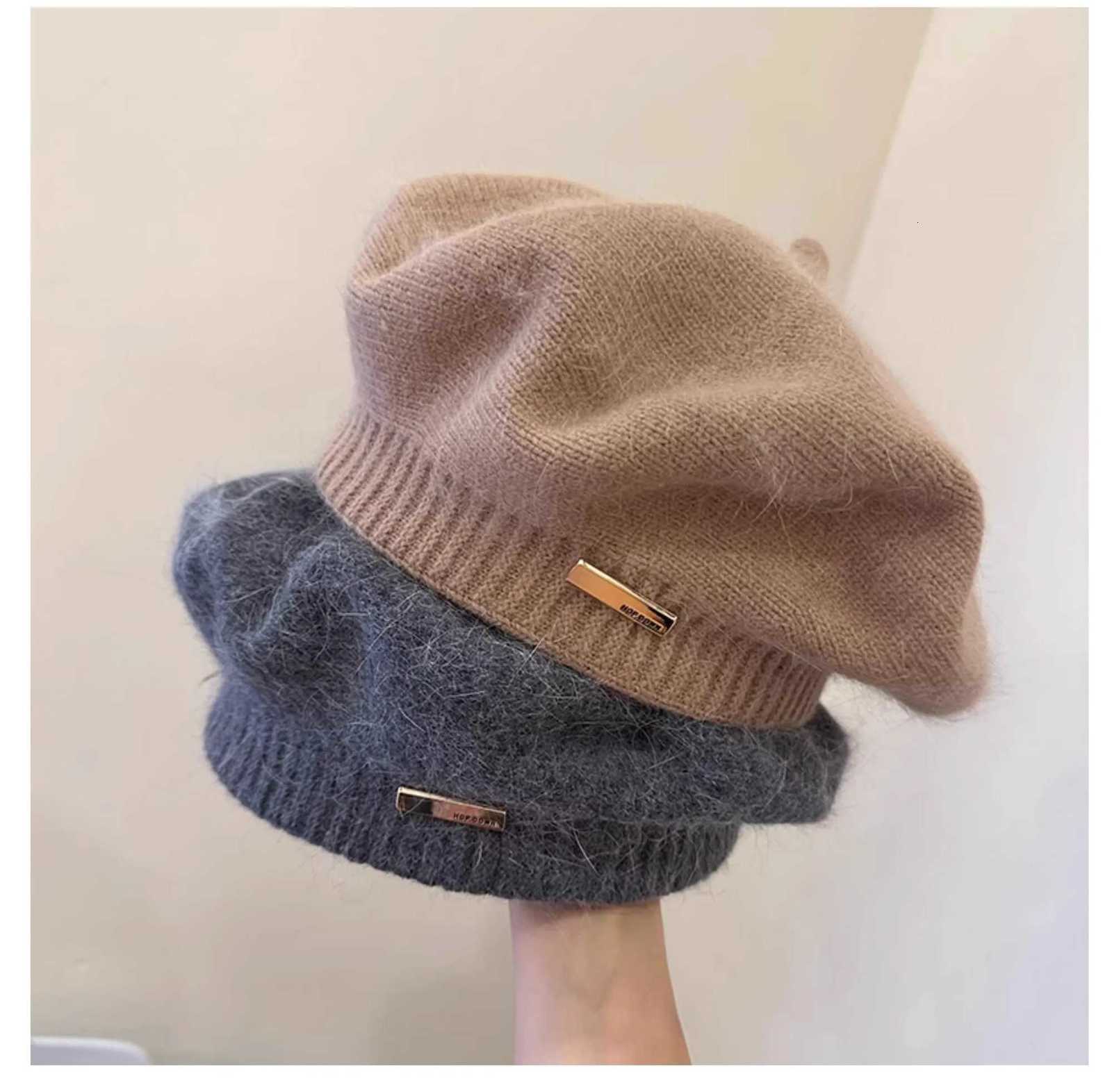 Korean Version Simple Real Rabbit Fur Beret Versatile For Autumn And Winter Out Of The Street Knitted Artist Hat XJ250807