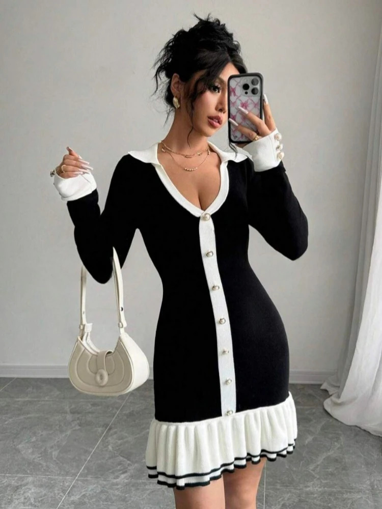 Trendix Elegant Knit Sweater Dress Women High Waist Slim Long Sleeve Cardigan Dress Ladies Party Fashion Knitted Evening Dresses 250806