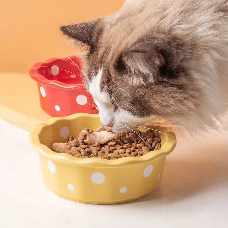 Ceramic Pet Bowl with Polka Dot Design - Non-Slip Cat Food Dish for Small Dogs Easy Clean Durable Cat/Dog Feeding Bowl Y250806