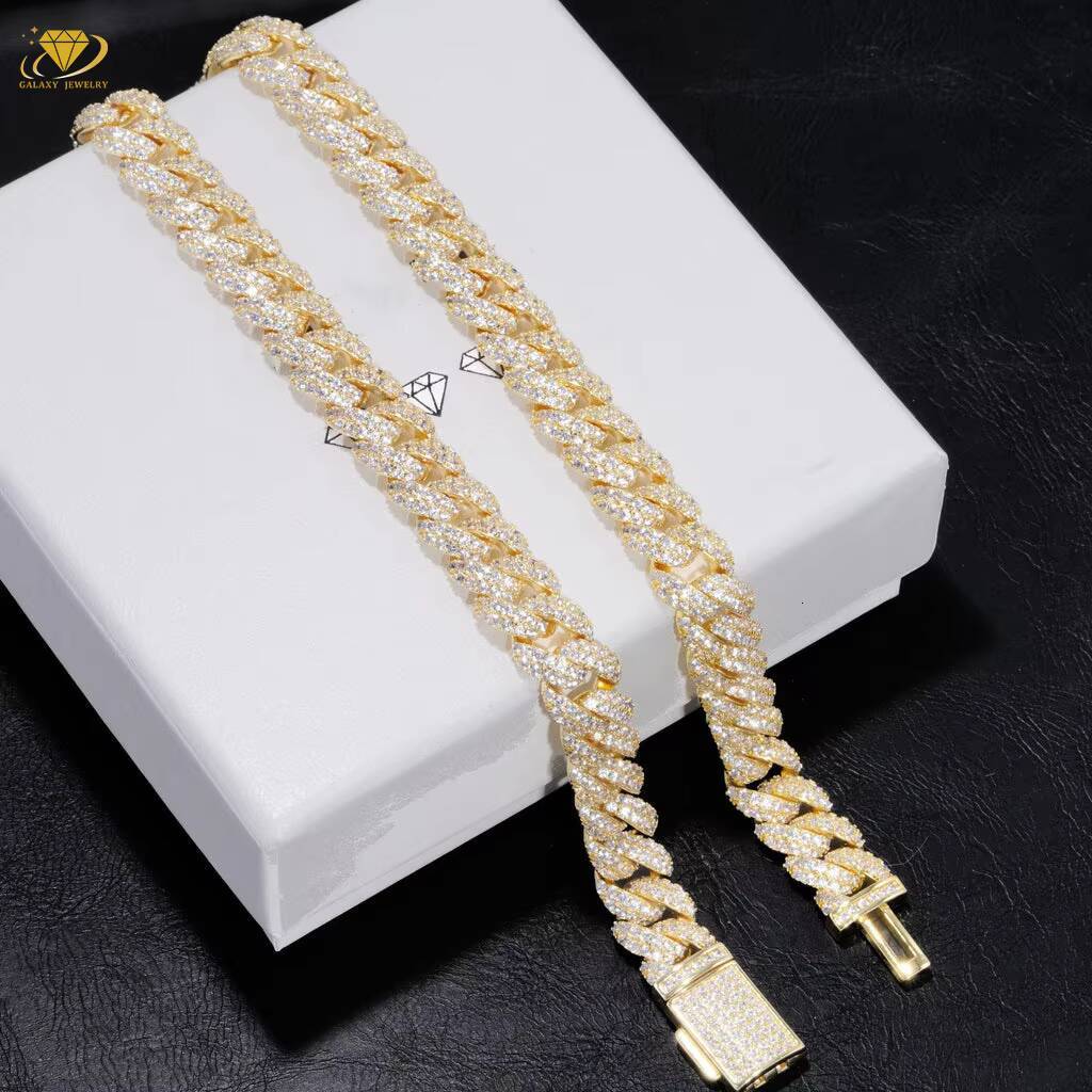 Hot Sale Iced Out 2Rows Miami Cuban Link Prong Chain Pass Tester Sterling Silver 10mm Moissanite Cuban Link Chain Necklace