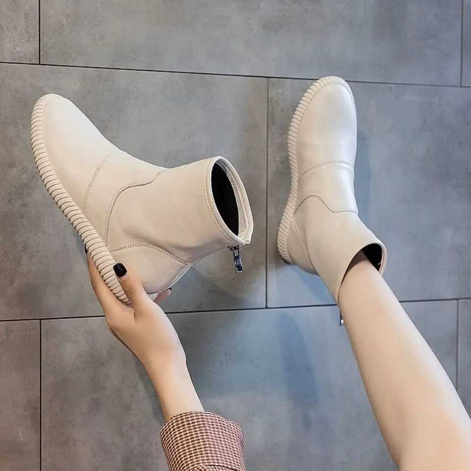 Booties White Platform Female Ankle Boots Work Sneakers Chunky Leather Short Shoes for Women Sports Flat Footwear Spring 2024 PU XJ250807