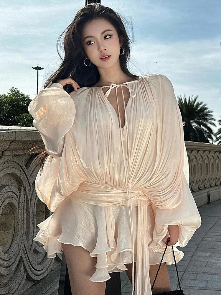 TWOTYLE Elegant Ruched Mini Dress For Women Round Neck Lantern Long Sleeve High Waist Temperament Dresses Female Fashion 250807