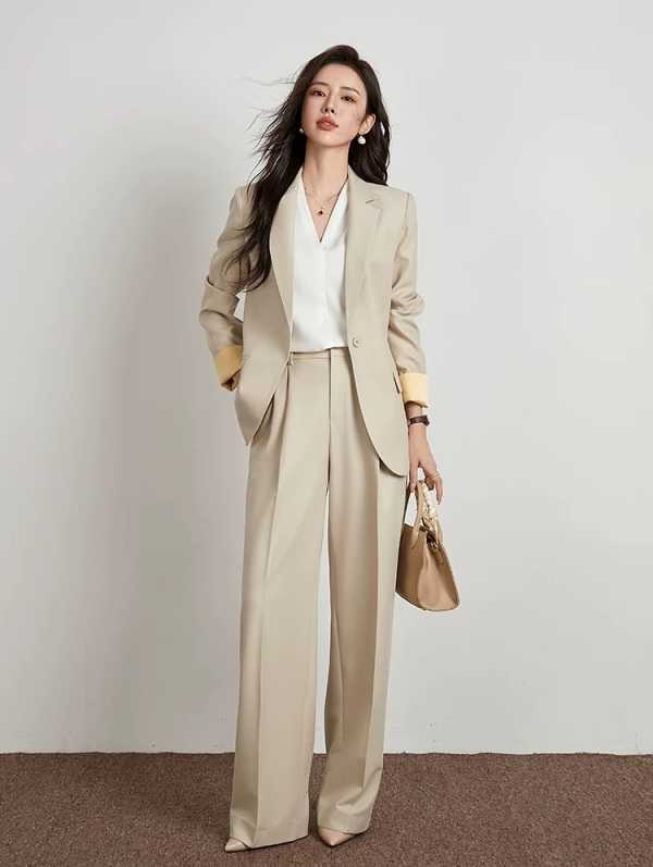 Fashion Women Suits 2 Piece Blazer Pants Loose Peak Lapel Long Sleeves One Button Business Office Women Customized