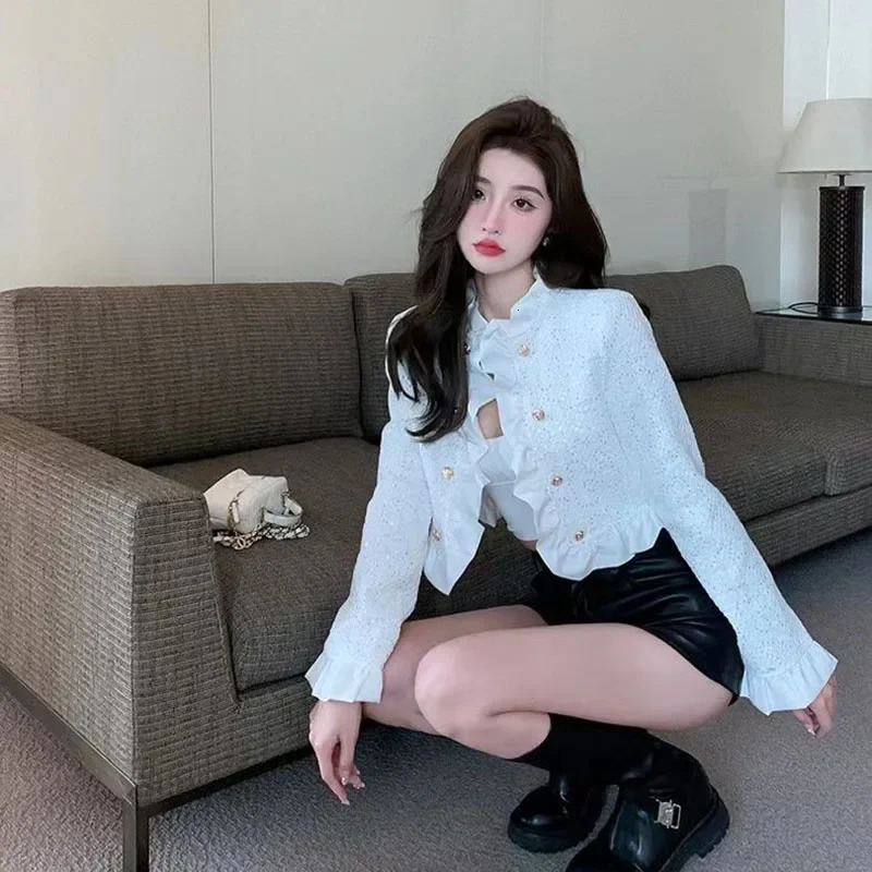 Lucyever White Cropped Jackets for Women Korean Fashion Ruffles DoubleBreasted Coat Ladies Elegant Chic Short Tweed Cardigans 250807