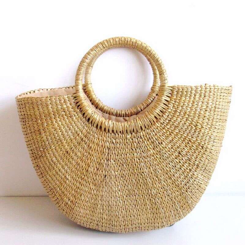 Yellow Grass Half-Round Handbag Simple Solid Color Straw Casual Vacation Beach Woven Bag