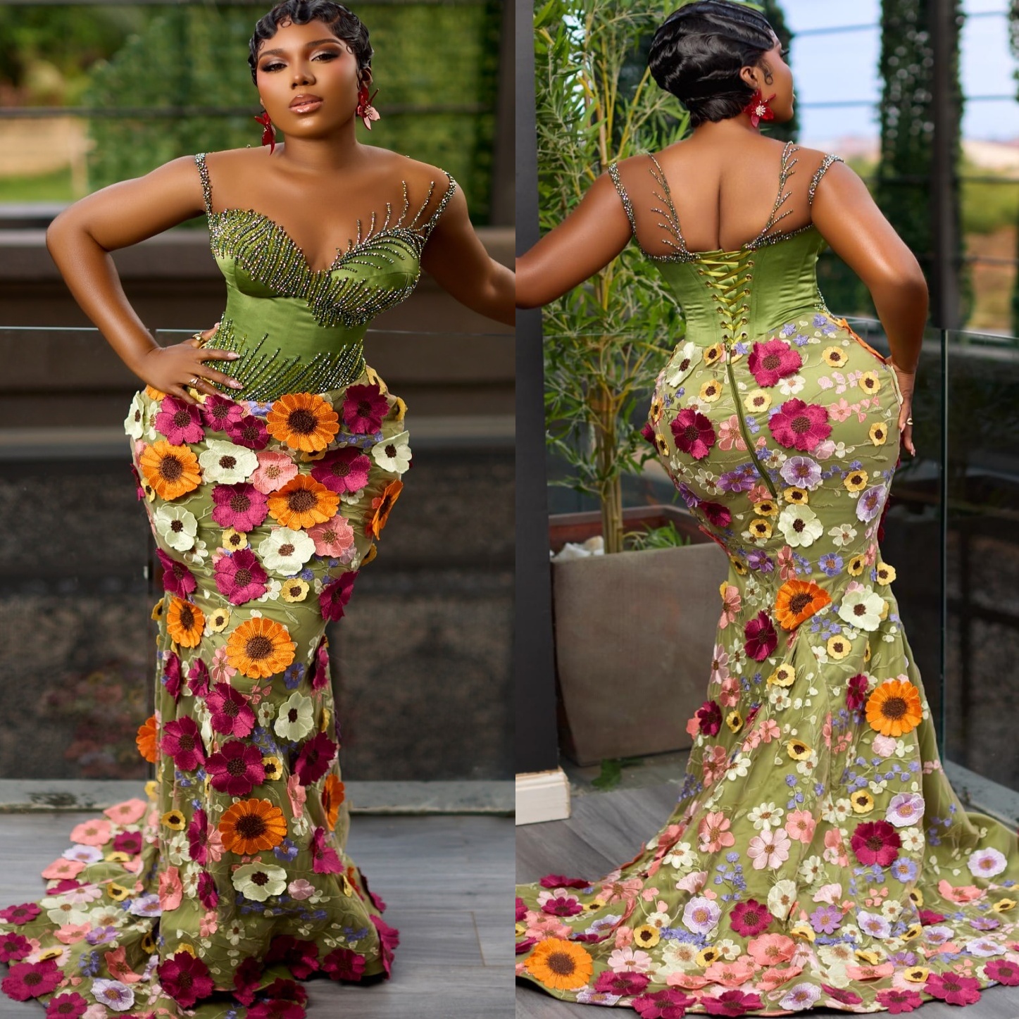 Olive Green Mermaid Prom Dresses 2025 Flowers Beaded Sheer Neck Evening Formal Party Second Birthday Engagement Gowns Plus Size Dress For Special Occa