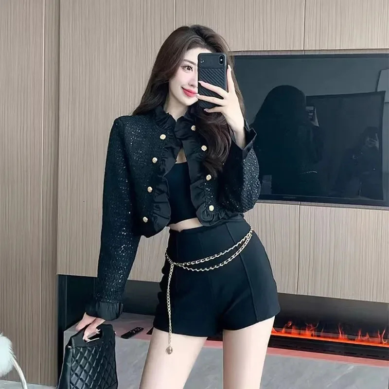 Lucyever White Cropped Jackets for Women Korean Fashion Ruffles DoubleBreasted Coat Ladies Elegant Chic Short Tweed Cardigans 250807