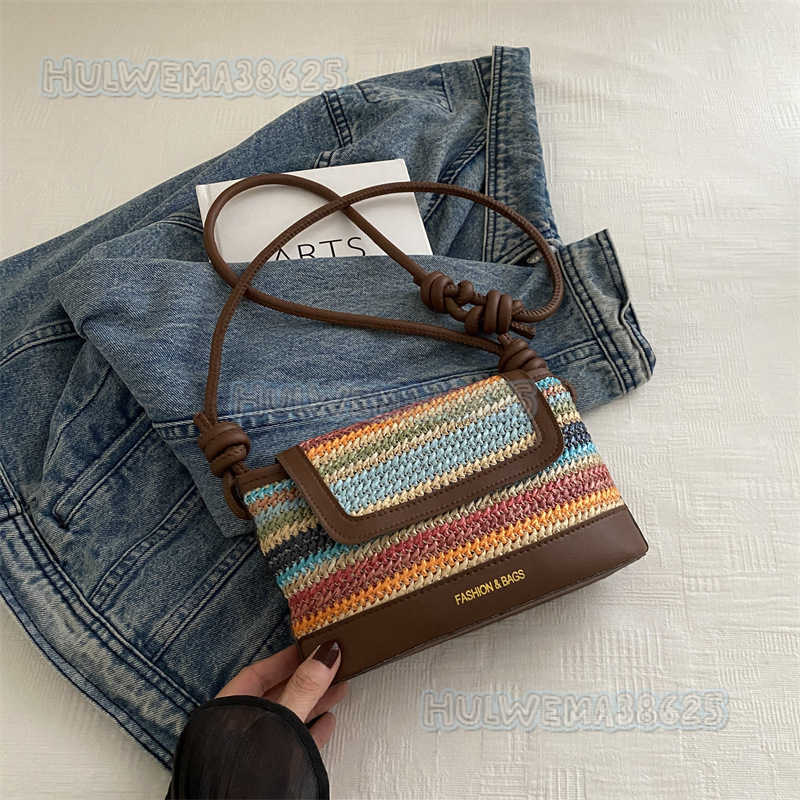 2024 Rainbow Straw Small Bag for Women New Trendy Summer Fashion Woven Shoulder Crossbody Bucket Bag H250806