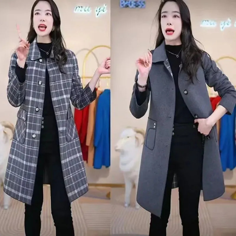 Long Women Double Sided Cashmere Woolen Coat Autumn Winter Middle Aged Mother Both Sides Wear Plaid Wool Jacket Windbreaker 5XL 250805