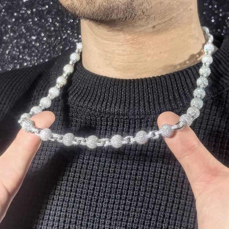 Hiphop Jewelry Bling Diamond 12mm Ball Chain 925 Silver Shiny Iced Out Ball Chain VVS Moissanite Cuban Chain