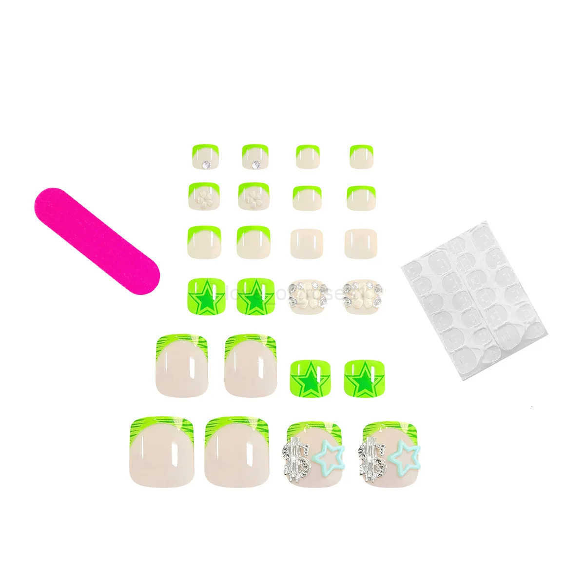24pcs Summer Fake Toenail Patches with Star Rhinestone Design False Toe Nails Full Cover Wearable Green French Press on Toenails Z250807