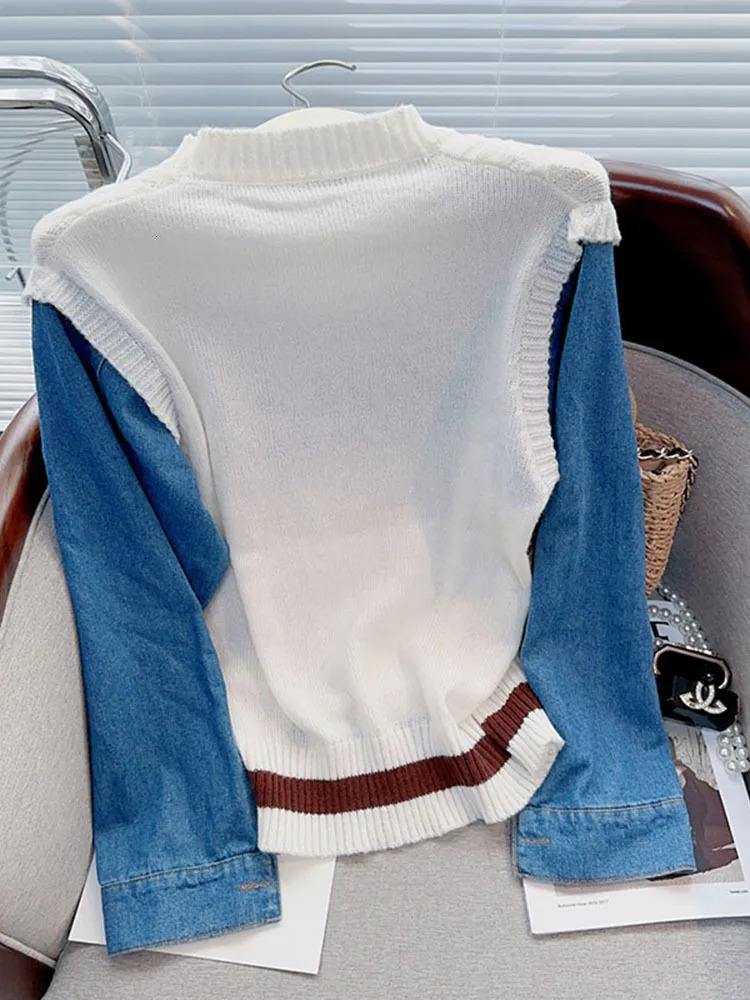Denim Patchwork Sleeves Sweater Womens Autumn Spring Loose Korean Version Letter Ins Casual 250728