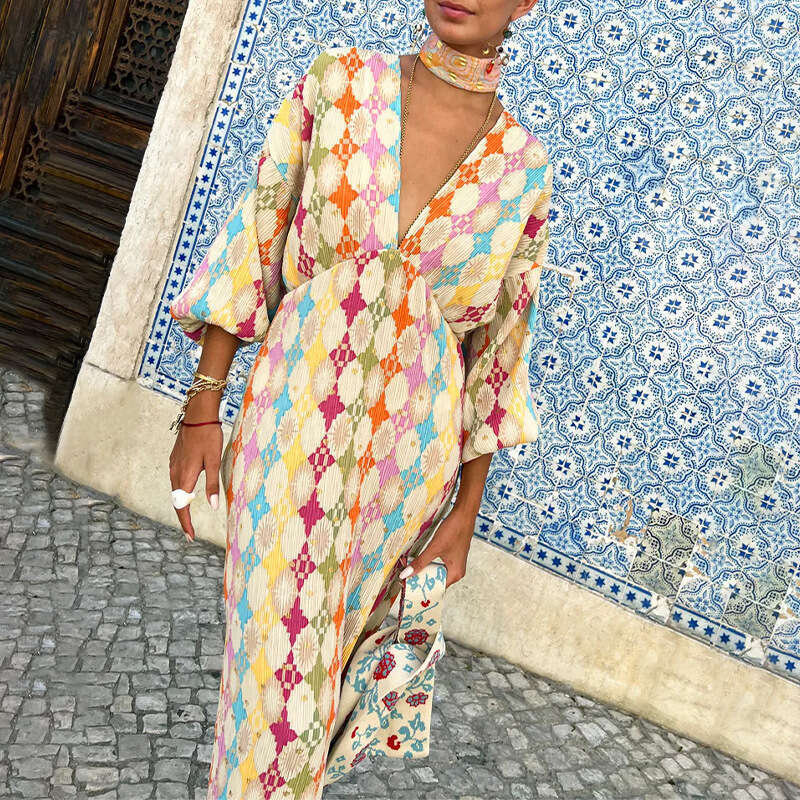 Women's Fashion Printed Long Elegant V-Neck Lantern Half Sleeve Dress For Women B5 h7