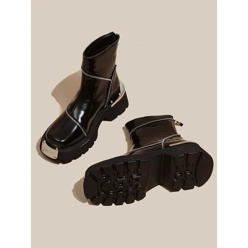 Platform Womens 2025 Spring New British Style Square Toe Chelsea Boots Metal Functial Booties XJ250807