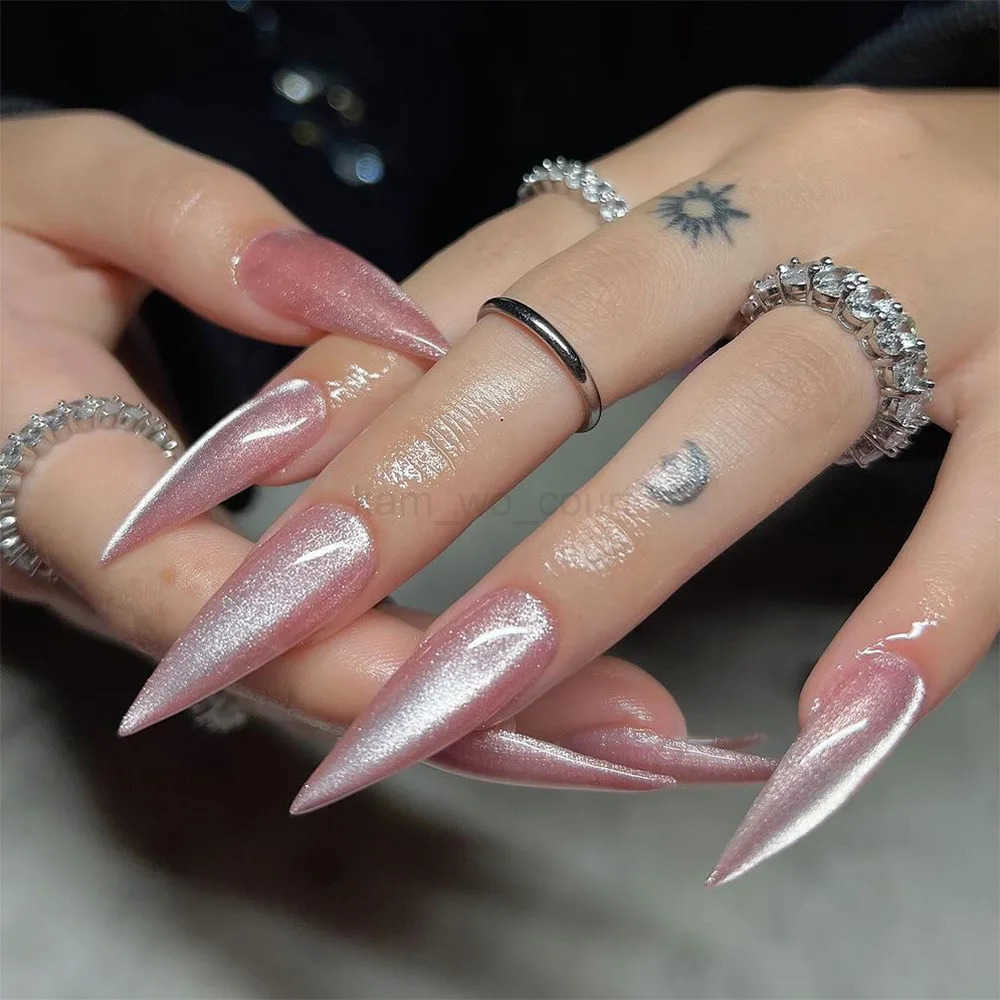 24pcs False Nails Pink Cats Eye Decor Wearable Long Stiletto Aurora Fake Nails Press on Nails Simple Solid Color Almond Nail Art M250807