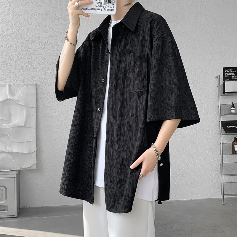Wine Red Side Buttons Pleated Shirt Black Apricot Harajuku Button Up Korean Short Sleeve Aesthetic Male Shirts Men Blouse 250807