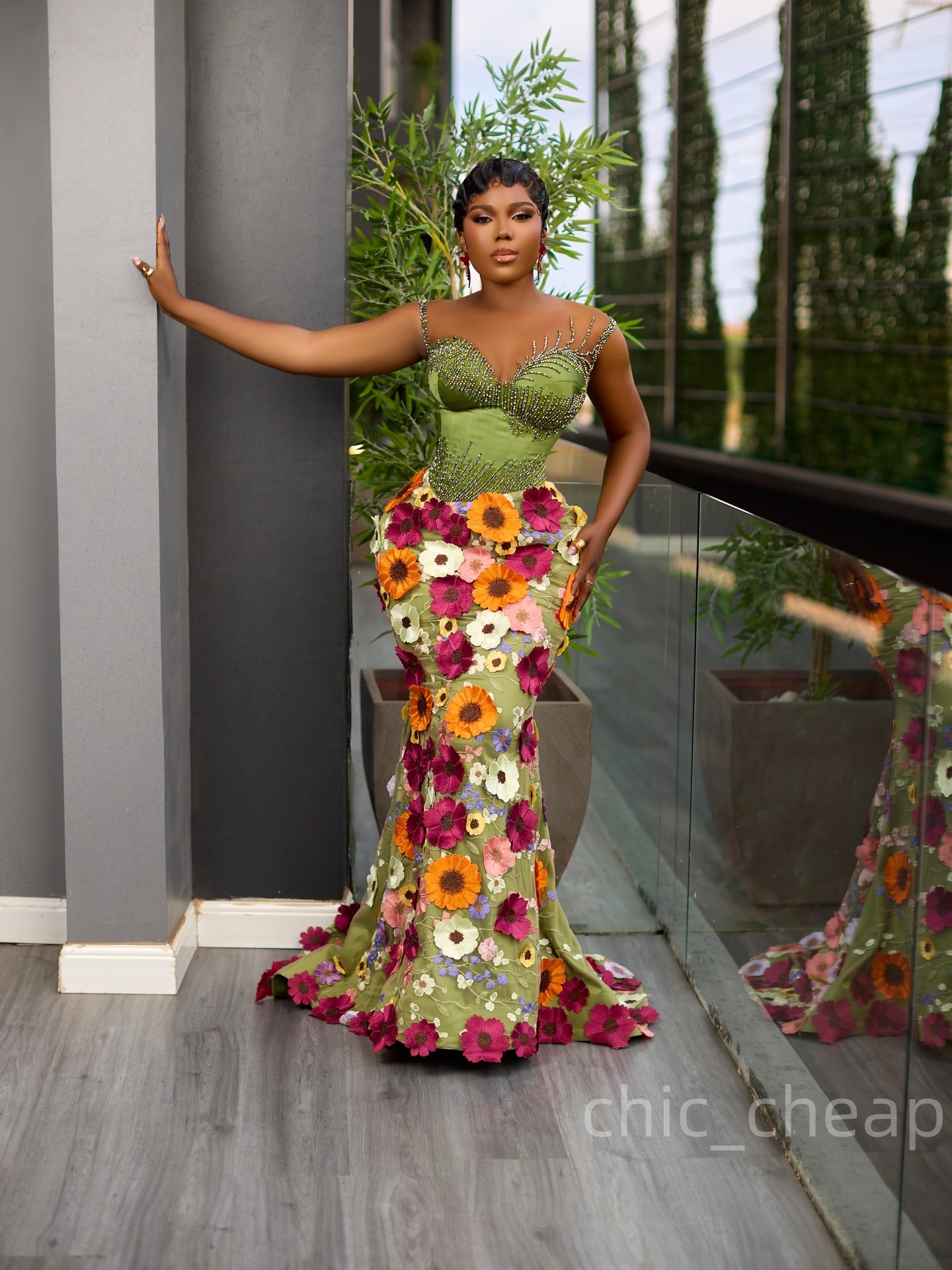 Olive Green Mermaid Prom Dresses 2025 Flowers Beaded Sheer Neck Evening Formal Party Second Birthday Engagement Gowns Plus Size Dress For Special Occa
