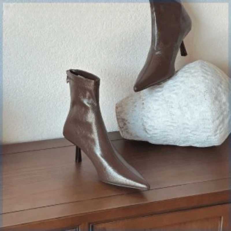 2025 Spring Pointed Toe Women Modern Ankle Boots Fi Soft Leather Short Booties Ccise High Heels Shoes XJ250807