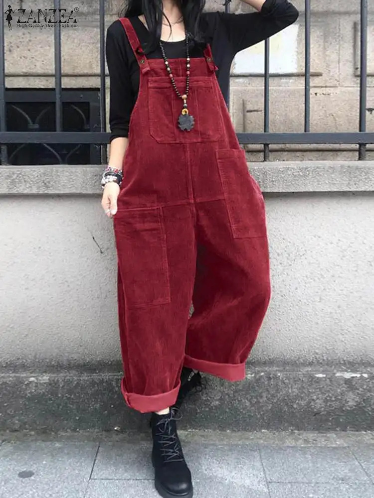 Winter Women Corduroy Jumpsuits Autumn Pants ZANZEA Casual Suspender Fashion Wide Leg Playsuits Rompers Streetwear Trouser 250804