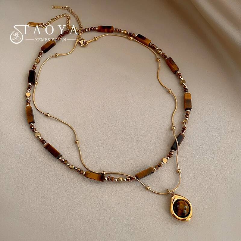 Retro Temperament Layered Tiger Eye Stone Pendant Necklace For Women Stainless steel Double-Layer Collarbone Chain Sets Jewelry Jewelry for Women