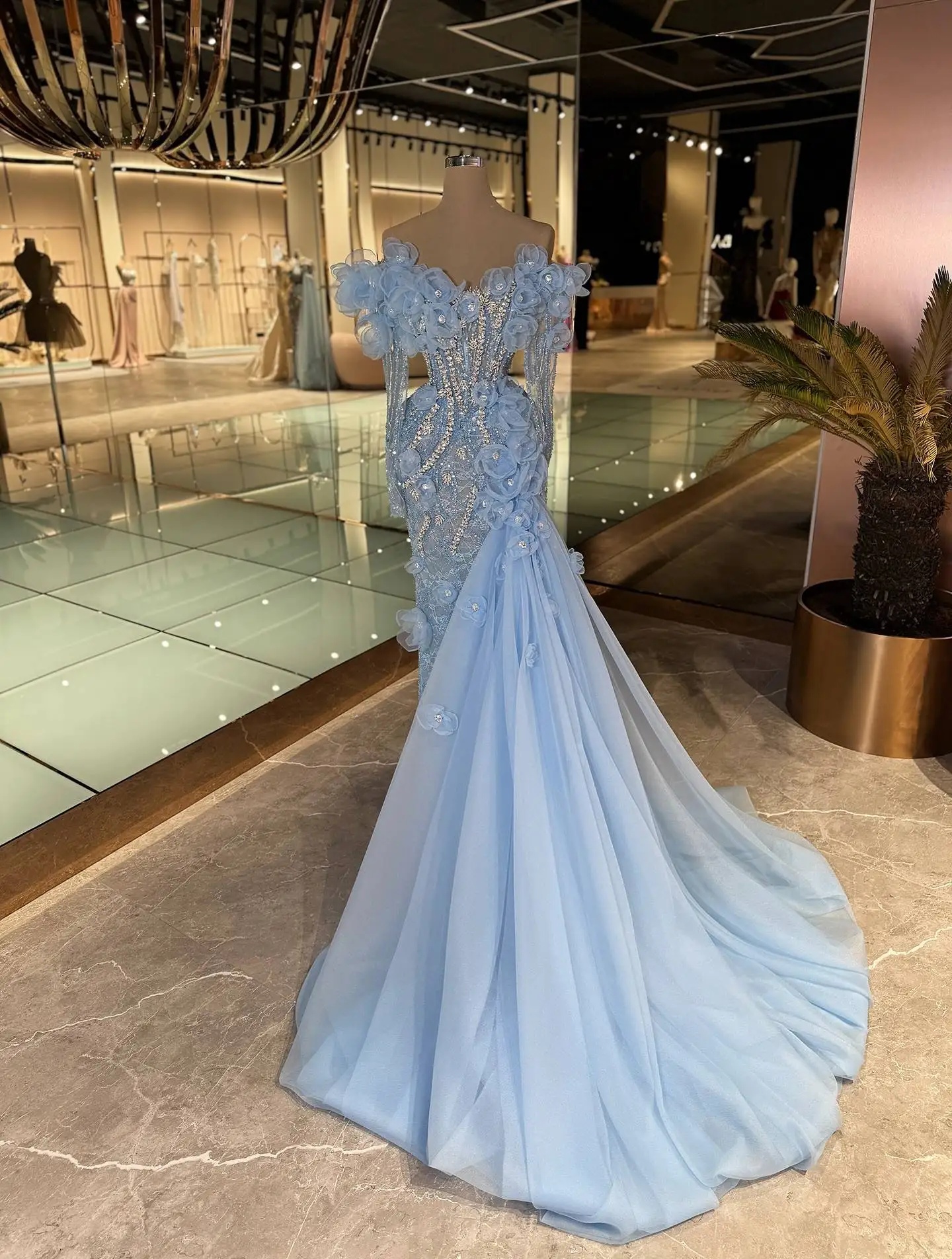 Romantic Evening Dresses Off Shoulder Crystal Prom Dress Long Sleeves 3D Flowers Pearls Illusion Sequins Mermaid Party Gowns Vestidos De Noche Plus Si
