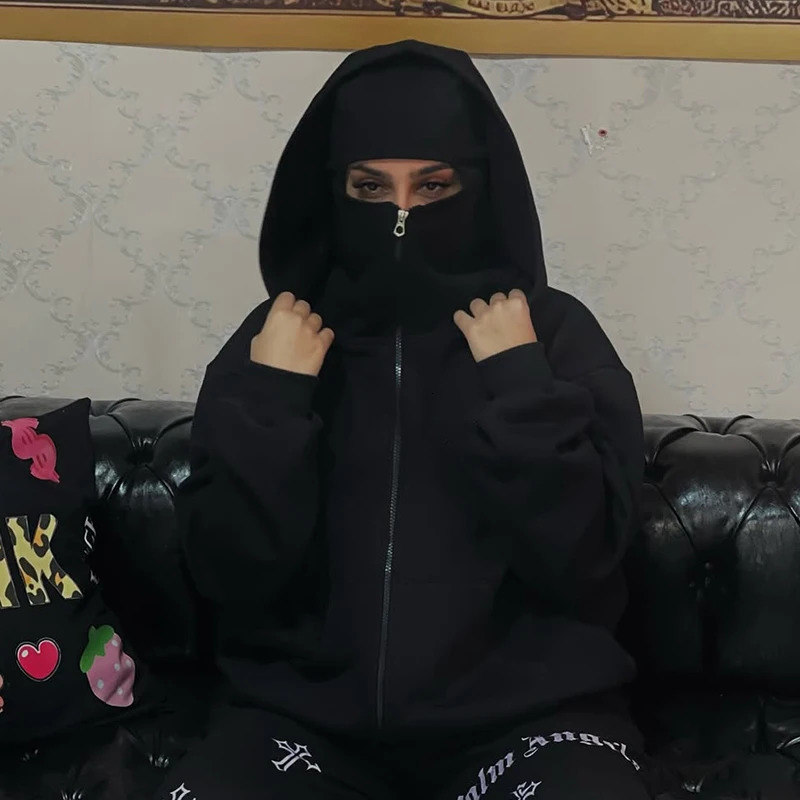 Vintage Double Hat Zipper Hoodie Y2k Hip Hop Women Oversized Sweatshirt Gothic Outdoor Windproof Sports Jacket Streetwear 250806