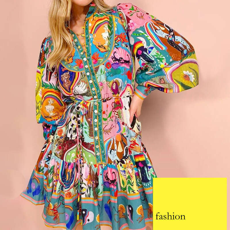 Women's Clothing New Printed Turn-Down Collar Lantern Sleeve Ruffle Pleated Dress For Women B5 h7