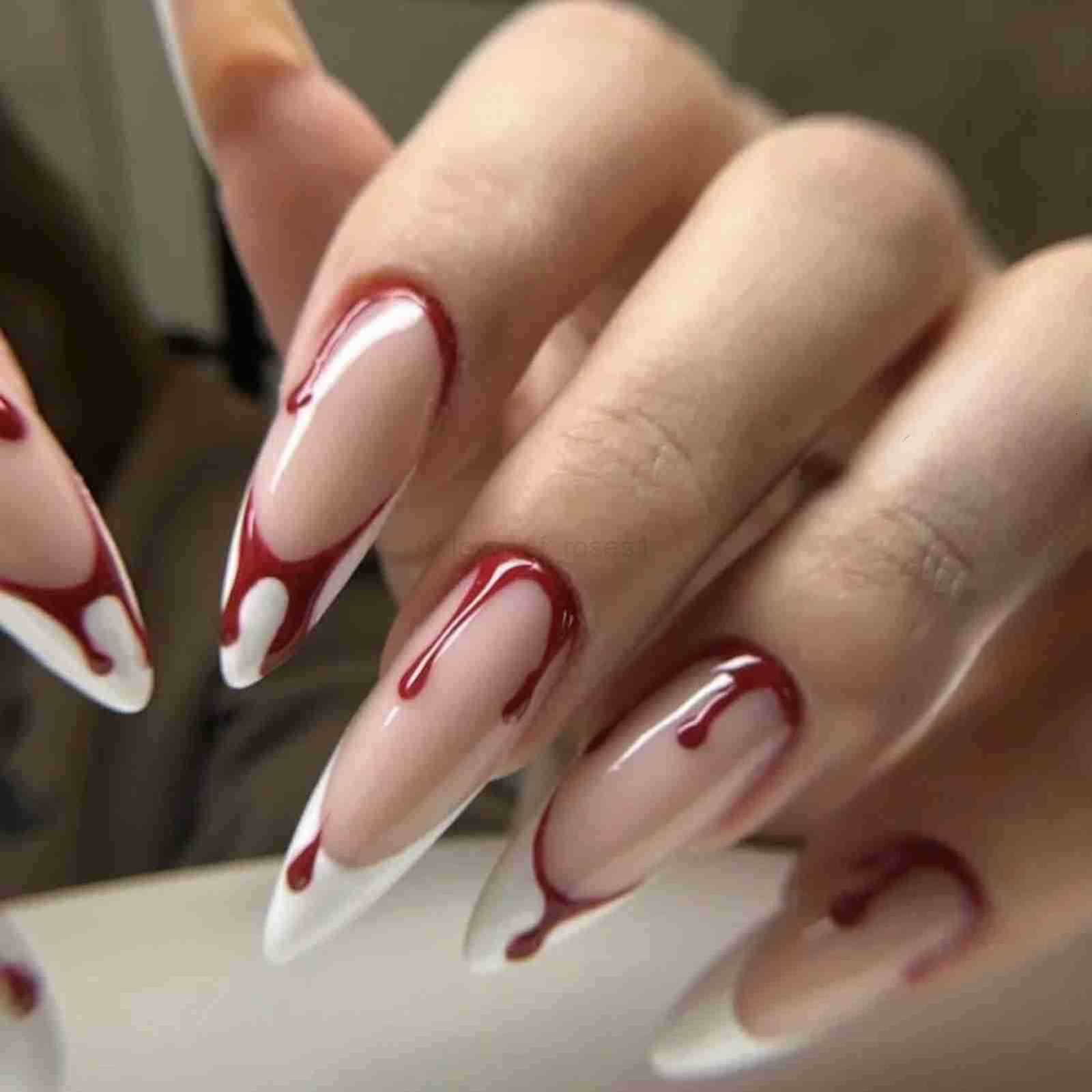 24pcs Blood Red Fake Nails Gradient Long Pointed False Nail Tips Full Cover Wearable Fake Nail Tips Halloween Manicure Sets Z250807