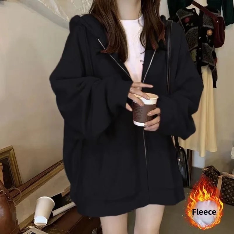 Spring Autumn Loose Lazy Style Womens Black Hoodie Fleece Lined Chic Unique Top Korean Version Jacket Sweatshirt 250728