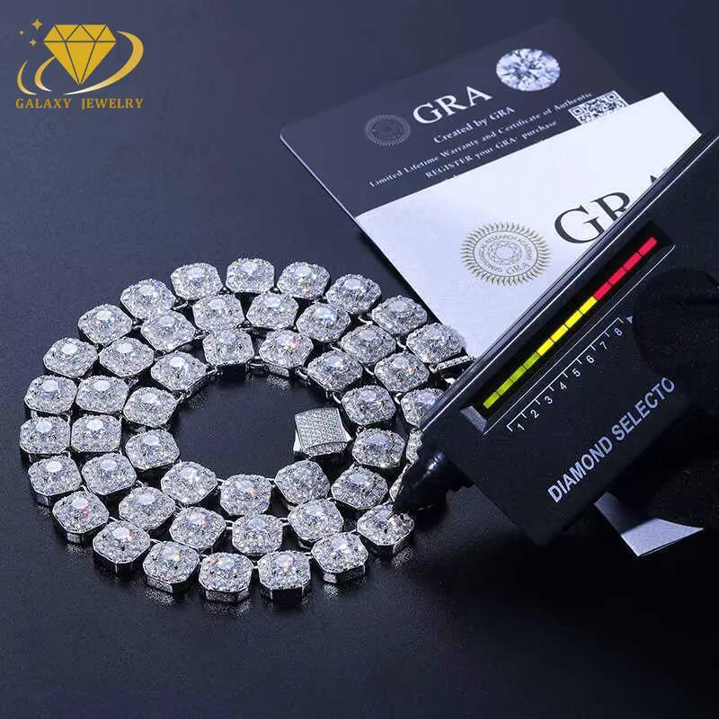 Luxury Iced Out Pass Diamond Tester Real Moissanite Square Cluster Tennis Chain 925 Silver Hip Hop Men 10mm 12mm Necklace