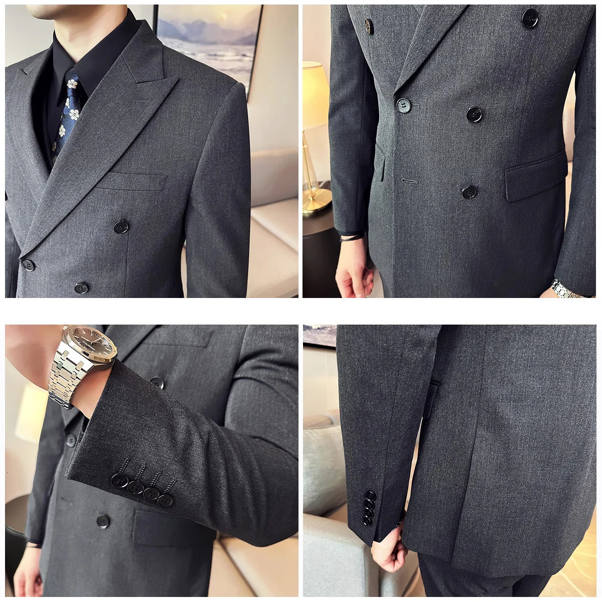 M6XL Blazer Vest Pants High end Gray Black Mens Casual Business Double breasted Suit Grooms Wedding Slim 250807